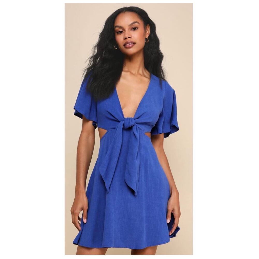 Lulus Dress Womens Medium Perfect Day for Love Linen Blend Cutout Tie-Front Mini - Picture 1 of 16
